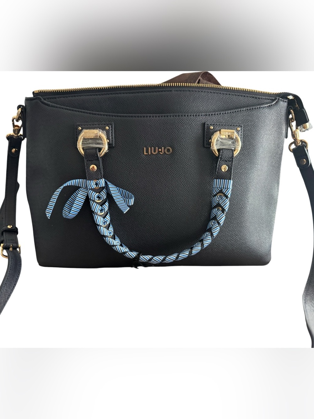 Authentic Liu Jo Manhattan Satchel Bag with Braided Ribbon Handles - Navy Blue